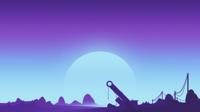 Synthwave landscape with a large sun and silhouette objects