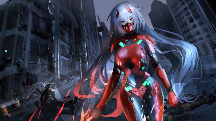 Anime Girl in Red Cybernetic Suit in Ruined City