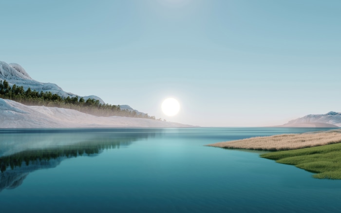 Digital art illustration of a sunrise over a lake with mountains
