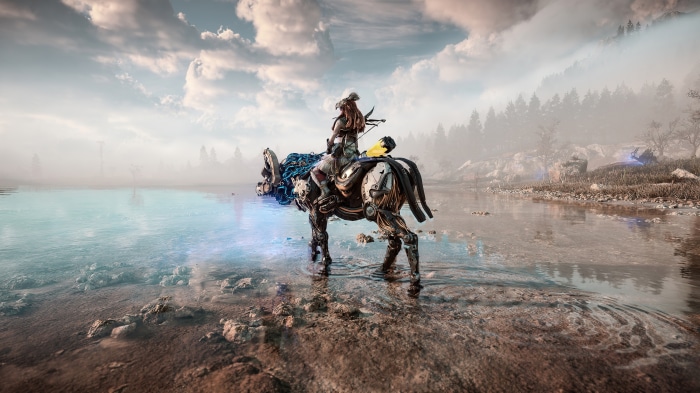 Aloy riding a mechanical creature in Horizon Forbidden West