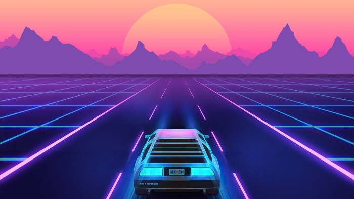 Retrowave DeLorean driving on a grid road