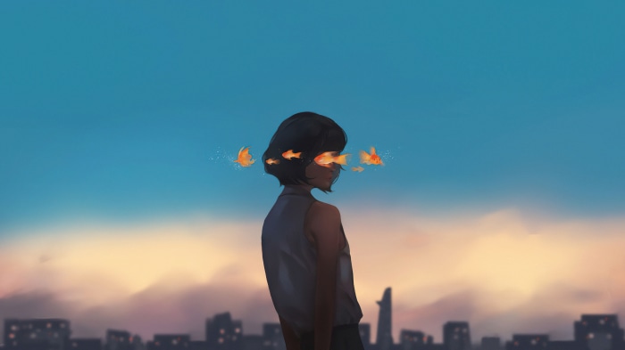 Girl with goldfish in her eyes against city skyline