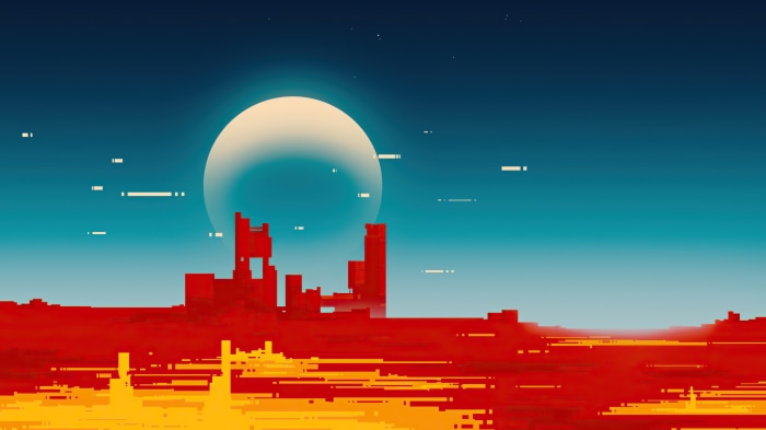 Digital Art of a Desert Landscape with a Large Moon