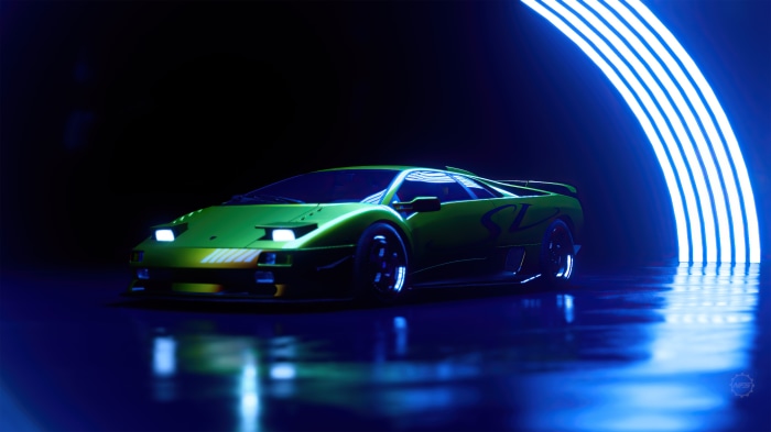 Green Lamborghini Diablo in neon tunnel