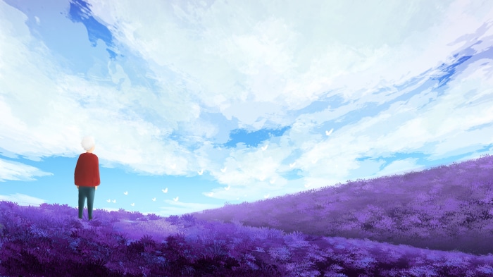 Person in red sweater in a purple field under a cloudy sky
