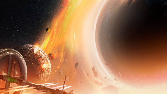 Space station near a black hole and planets