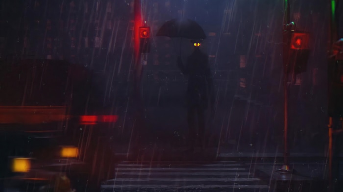 Figure with umbrella in the rain at night