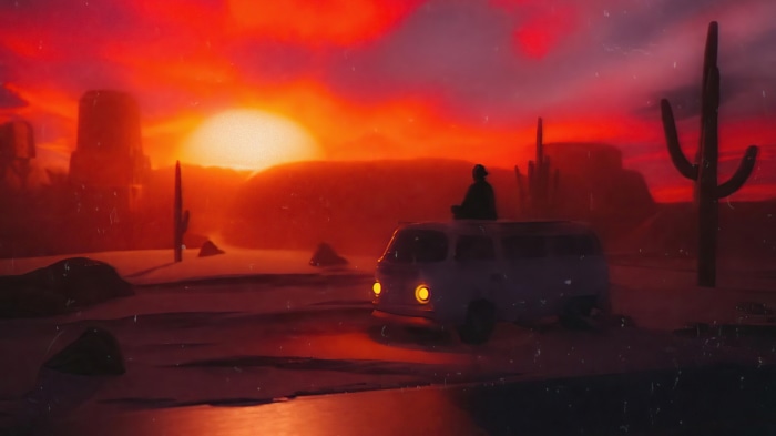 Digital art of a desert sunset with a van