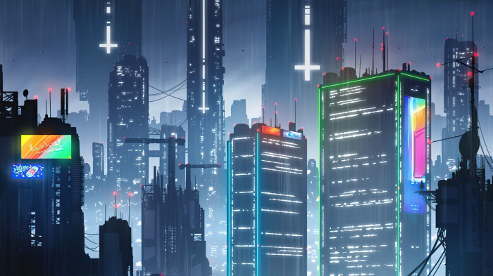 Sci-fi cityscape with inverted crosses