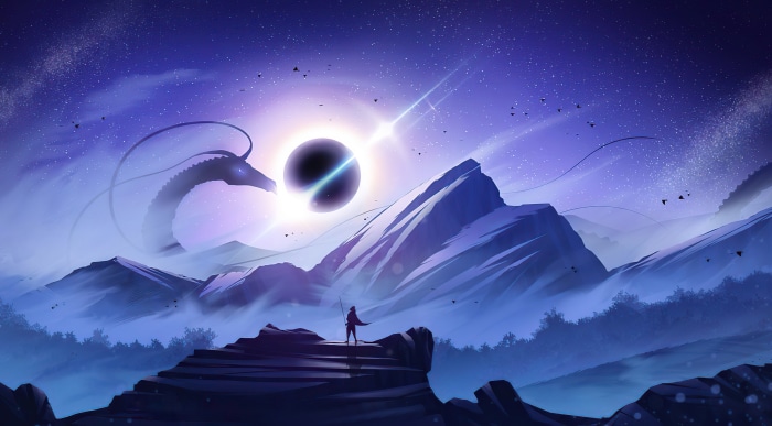 Dragon and person during eclipse over mountains