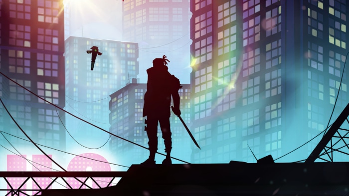 Silhouette warrior with sword in cyberpunk city
