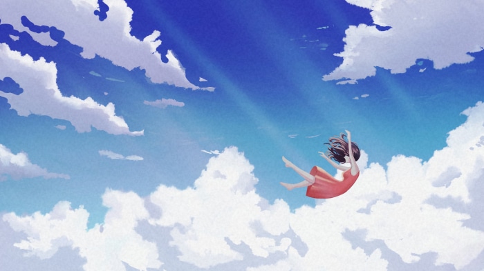 Girl falling through clouds