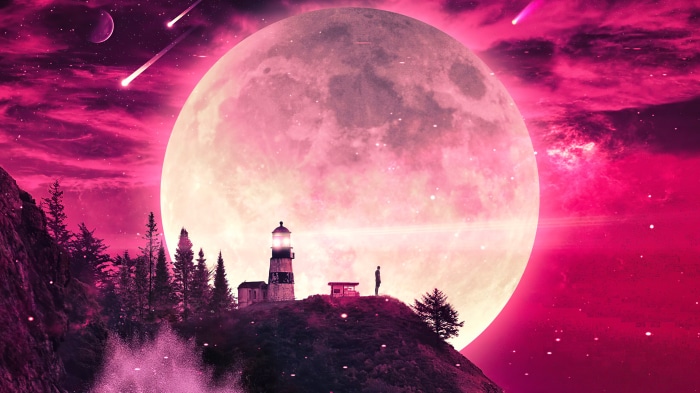 Pink Moon Lighthouse with Meteor Shower