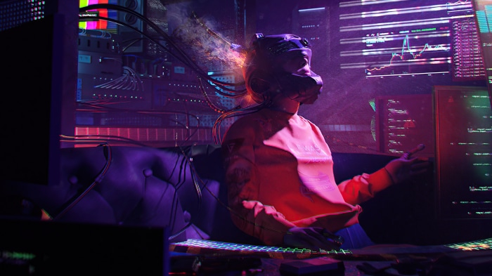 Artwork of a person in VR headset with wires