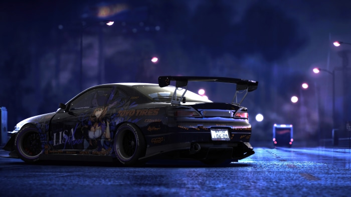 Nissan S15 Silvia with anime livery on a wet street