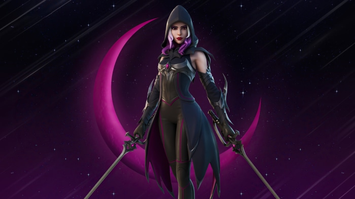 Fortnite character with swords and crescent moon