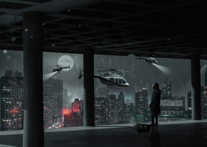 Digital art of helicopters over a city at night