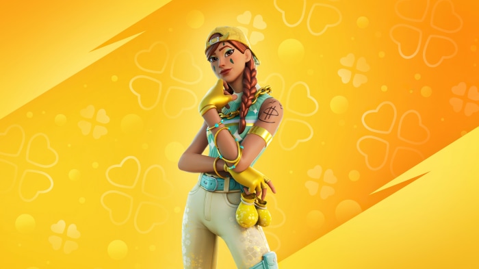 Fortnite character with yellow cap and golden gloves