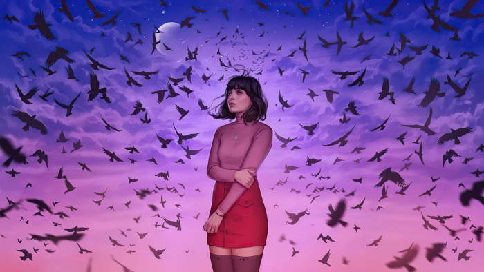 Girl surrounded by a flock of birds at sunset