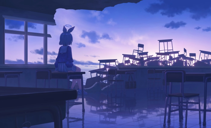 Anime girl in school uniform sitting by a window