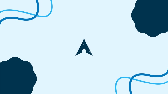 Arch Linux logo on light blue background with abstract shapes