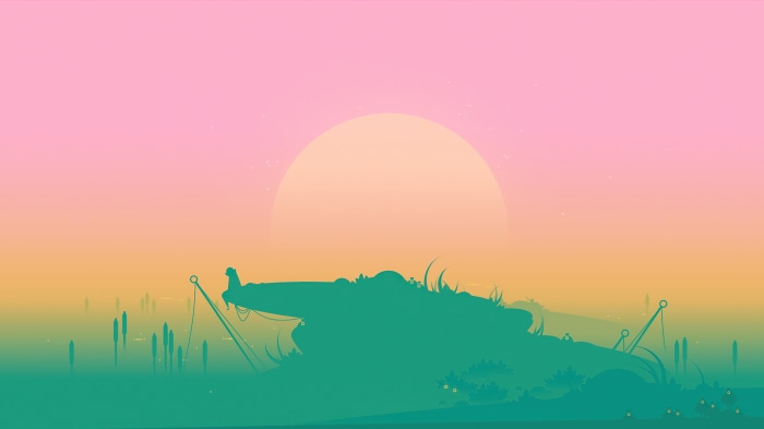 Digital art with a large sun and silhouette