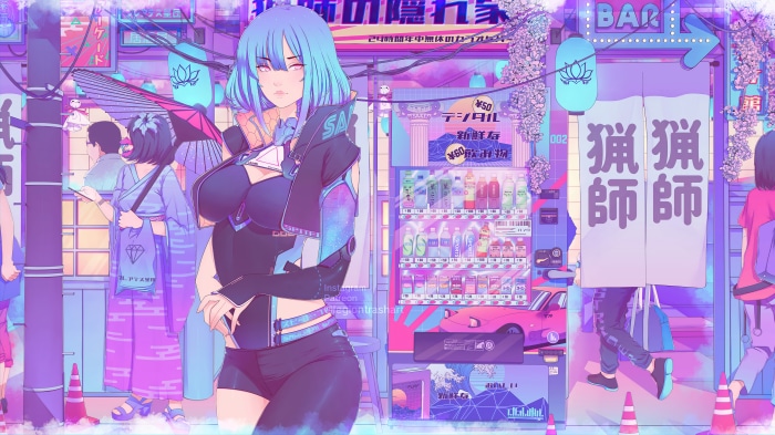 Anime girl with blue hair in a cyberpunk city
