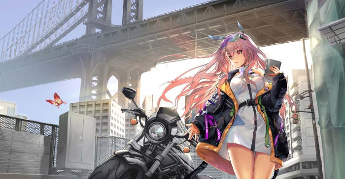 Anime girl with pink hair and motorcycle under bridge