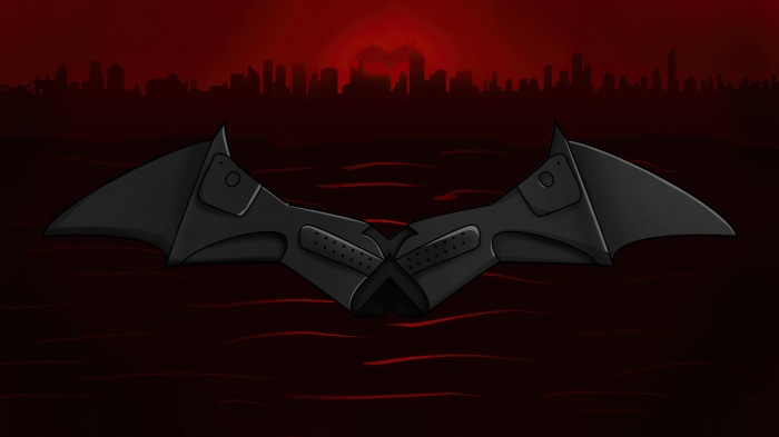 Batman symbol in front of Gotham City skyline at sunset