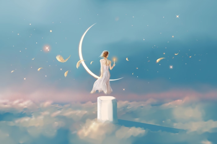 Woman on crescent moon holding candle with feathers and stars