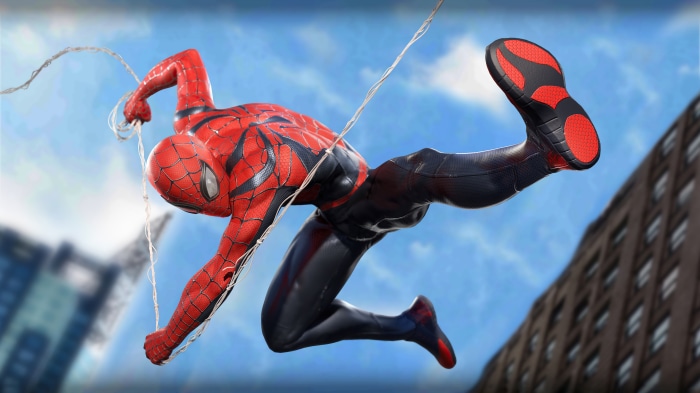 Spider-Man from Marvel swinging through a city