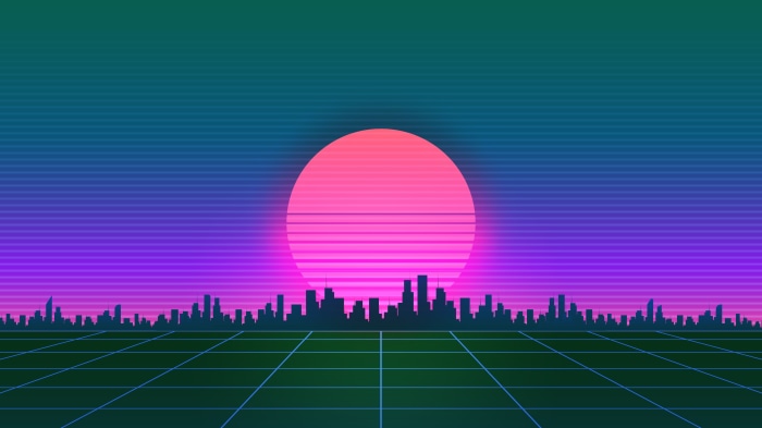Retrowave cityscape with a large pink sun