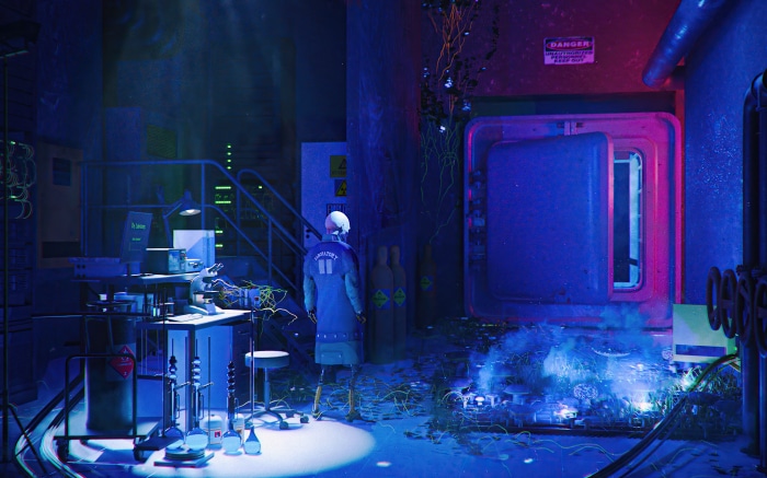 Laboratory scene with a figure and a large door