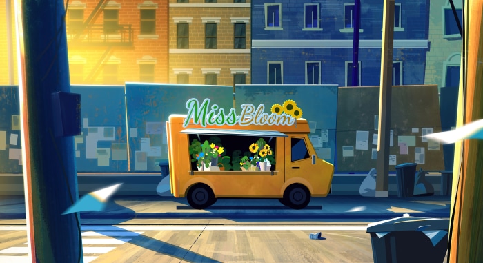 Miss Bloom flower truck in a city street