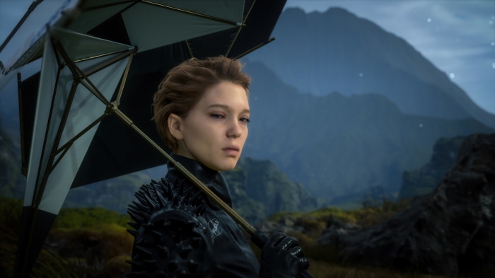 Fragile from Death Stranding holding an umbrella