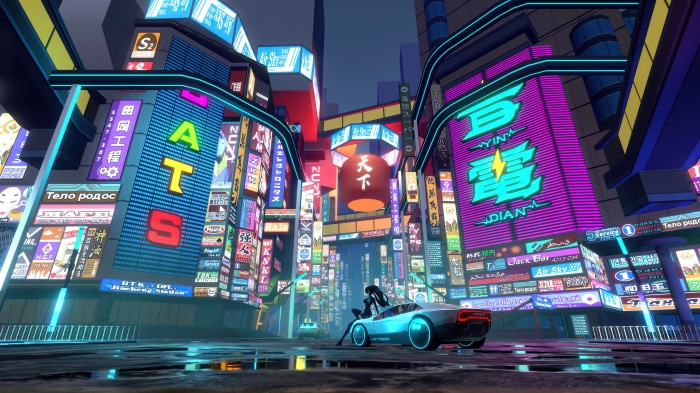 Cyberpunk City Street with Futuristic Car