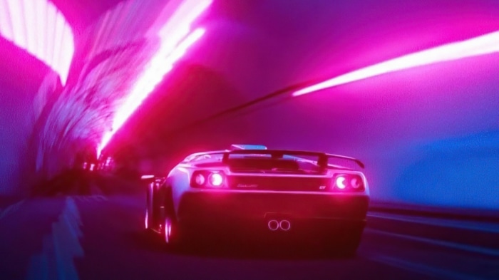 Lamborghini driving through a neon tunnel 4K
