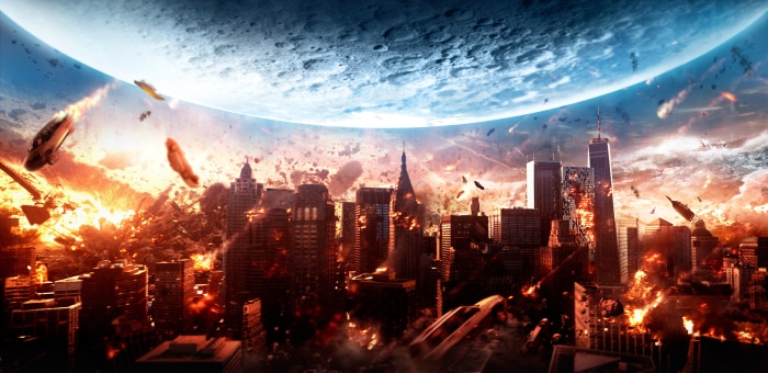 Moonfall movie poster with exploding city