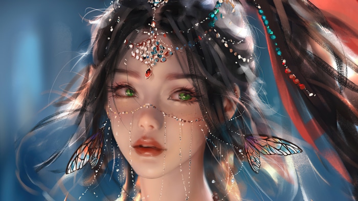 Digital art of a woman with green eyes and ornate headdress