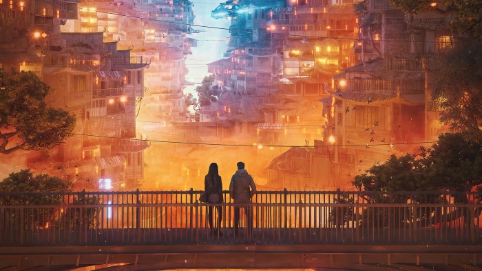 Couple overlooking a futuristic city at sunset