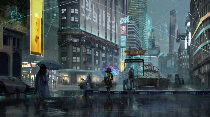 Cyberpunk city street in the rain with people and futuristic elements