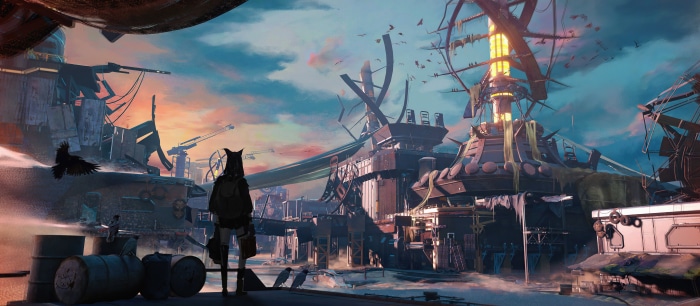 Post-apocalyptic cityscape with a lone figure
