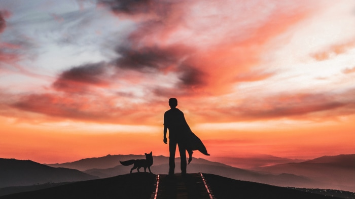 Silhouette of a person with a cape and a fox against a sunset sky