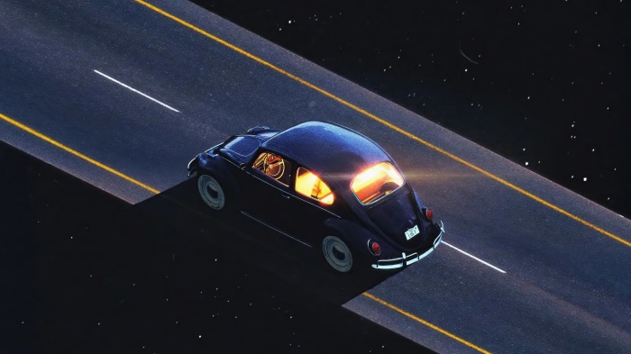 Dark Volkswagen Beetle on a Road in Space