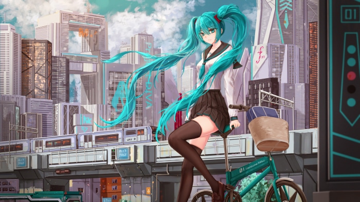Hatsune Miku from Vocaloid in a futuristic city