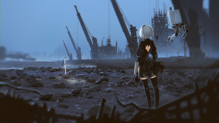 2B and Pod 042 from NieR:Automata in a desolate landscape