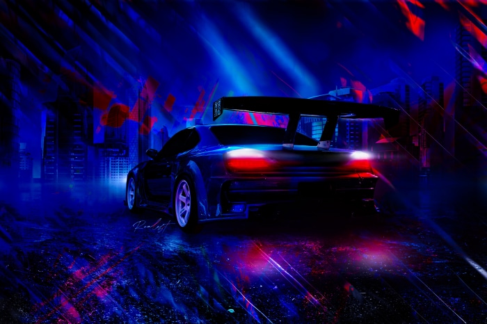 Digital art of a modified car with a large spoiler