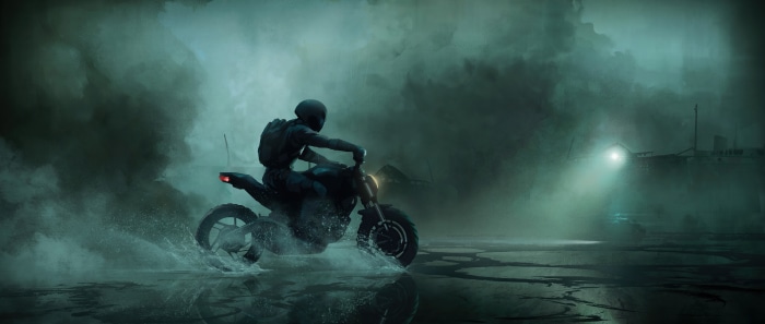 Biker riding a motorcycle through water