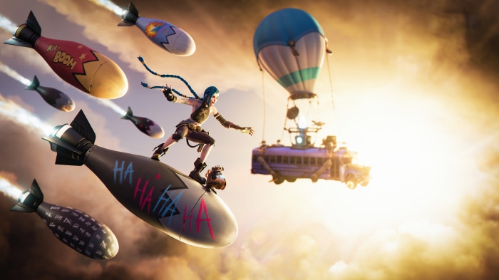 Jinx from League of Legends on a bomb in Fortnite