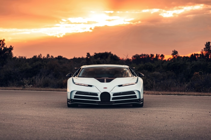 Bugatti Centodieci sports car at sunset